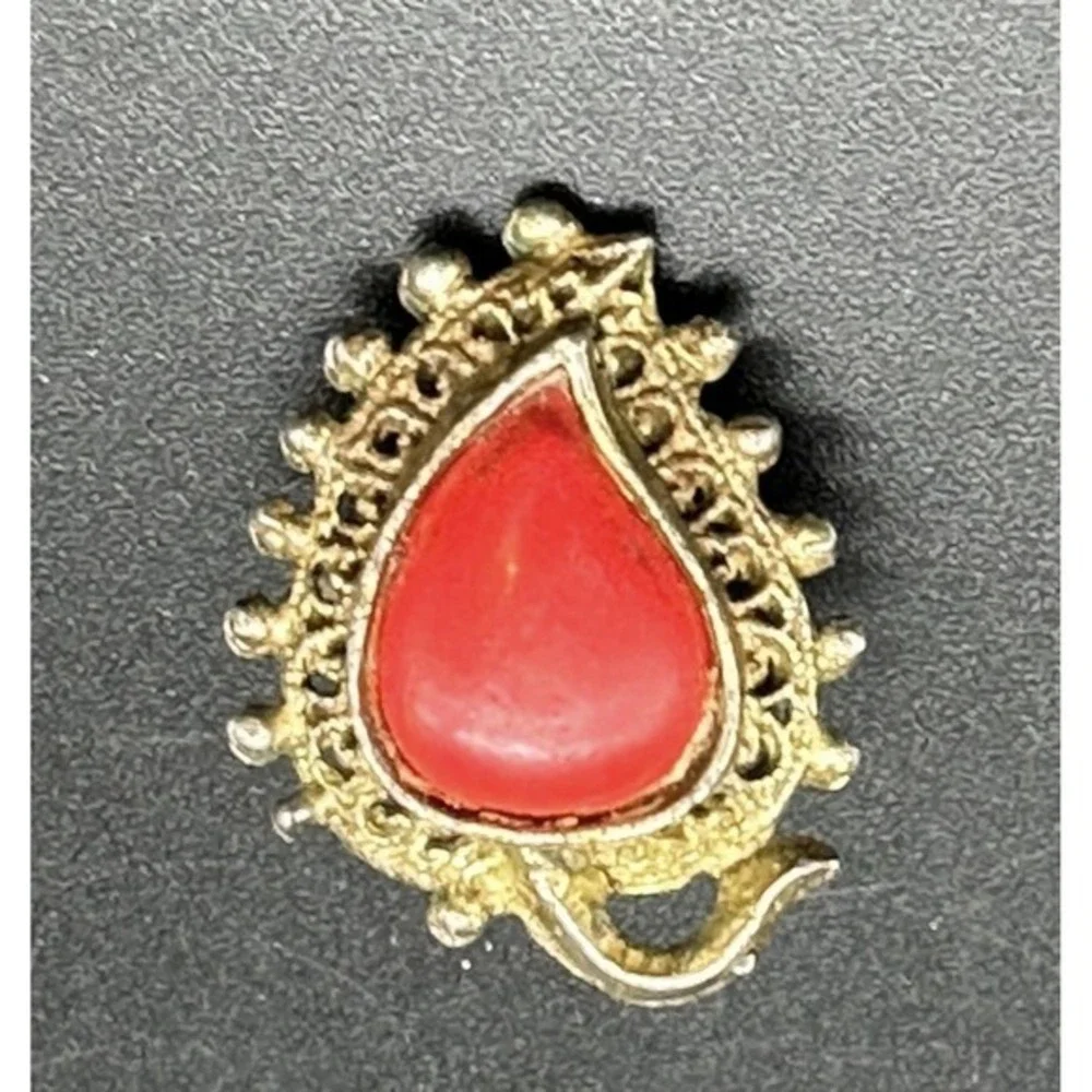 VINTAGE BRONZE Teardrop Fruit Clip Pin RED STONE Coral‎